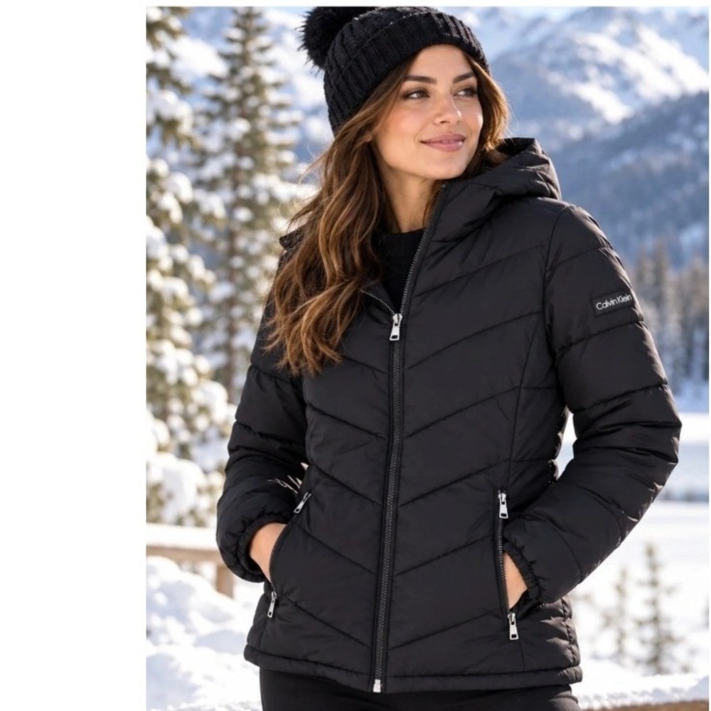 Calvin Klein Infinite Stretch Black Hooded Puffer Jacket Wmn L Sorona Aura #139N